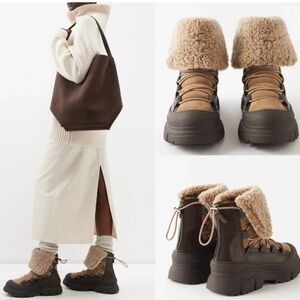 NWB Brunello Cucinelli Women Shearling Insert leather Ankle Boots Made Italy 38